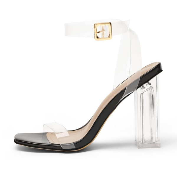 Square Toe Clear Chunky Heel Sandals - BLACK CLEAR - 3